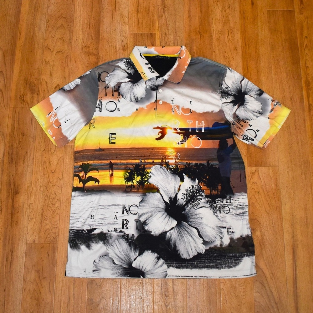 Bugatchi Polo Shirt Mens XXL Multicolor Hawaii North Shore Sunset Print